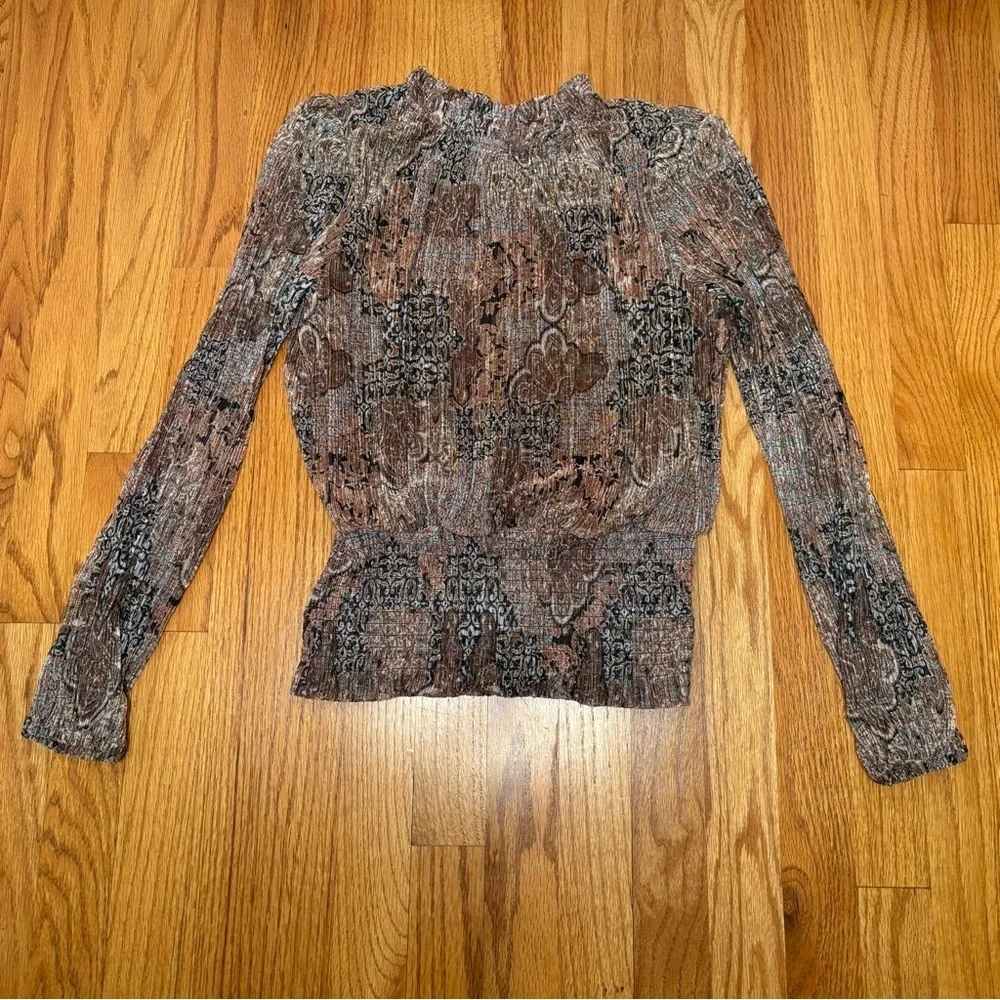 JOIE Semi Sheer Sheer Metallic Long-Sleeve Blouse Smocked Waist Ruffle Neck S - Picture 15 of 15